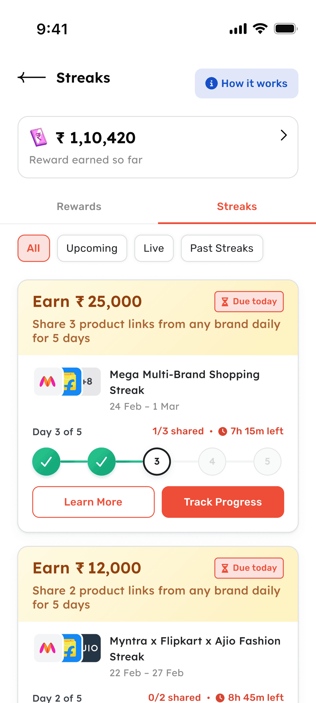 Streaks listing page