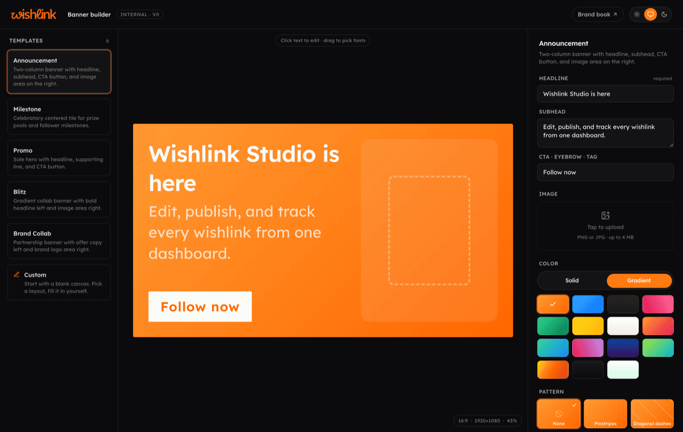 The banner builder: six templates, a live canvas, and brand-locked color, font, and pattern controls