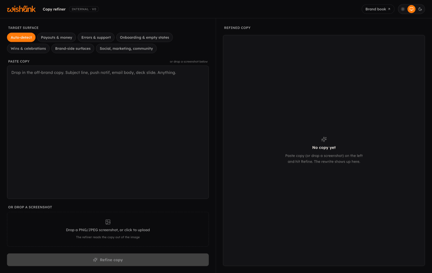 The copy refiner: pick a target surface, paste copy or drop a screenshot, get a rewrite in Wishlink's voice